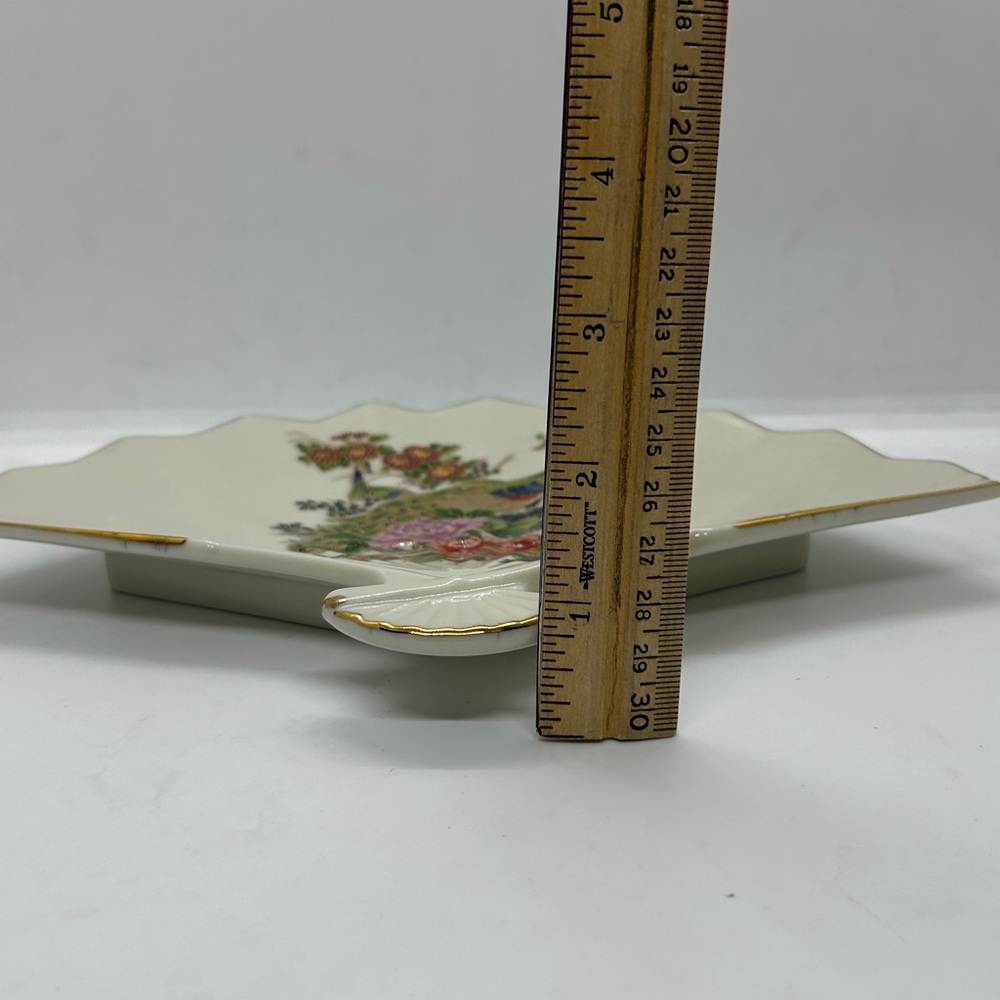 Vintage Japanese Porcelain Fan Trinket Dish Peacock W/ Flowers Scalloped Edge - Picture 11 of 11